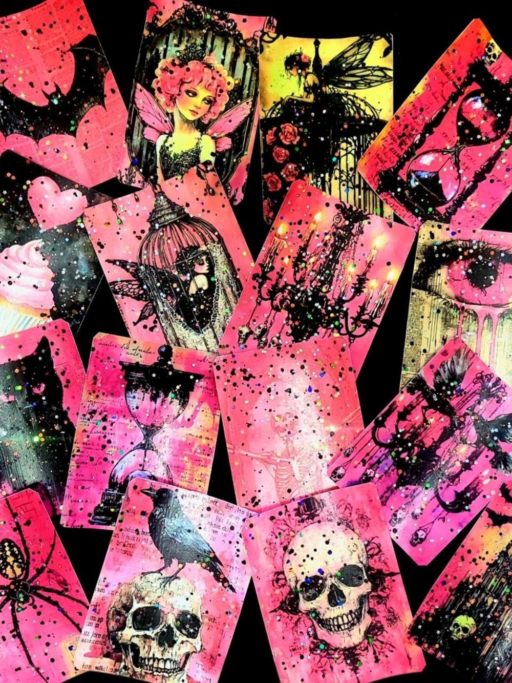 16 Pink Black Large Goth Elegance & Whimsy PINK & BLACK Glitter and Stars Raven